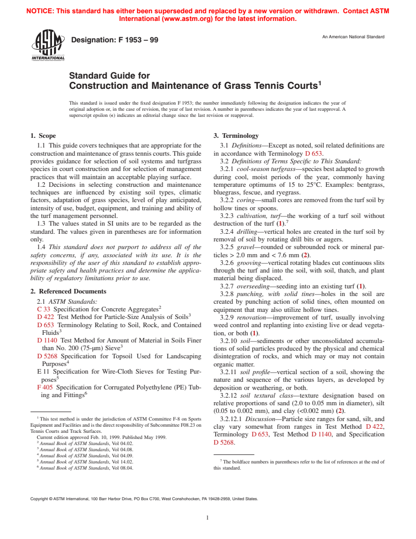 ASTM F1953-99 - Standard Guide for Construction and Maintenance of Grass Tennis Courts