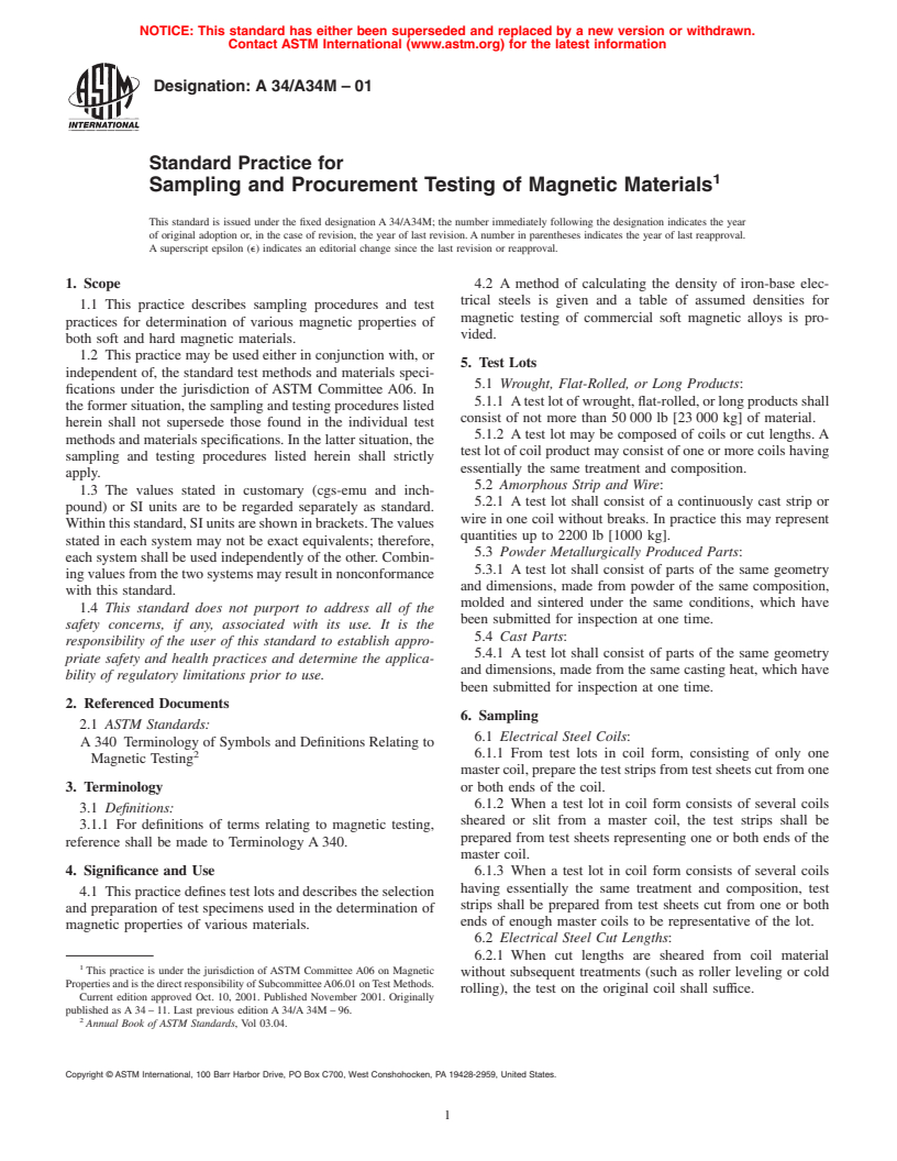 ASTM A34/A34M-01 - Standard Practice for Sampling and Procurement Testing of Magnetic Materials