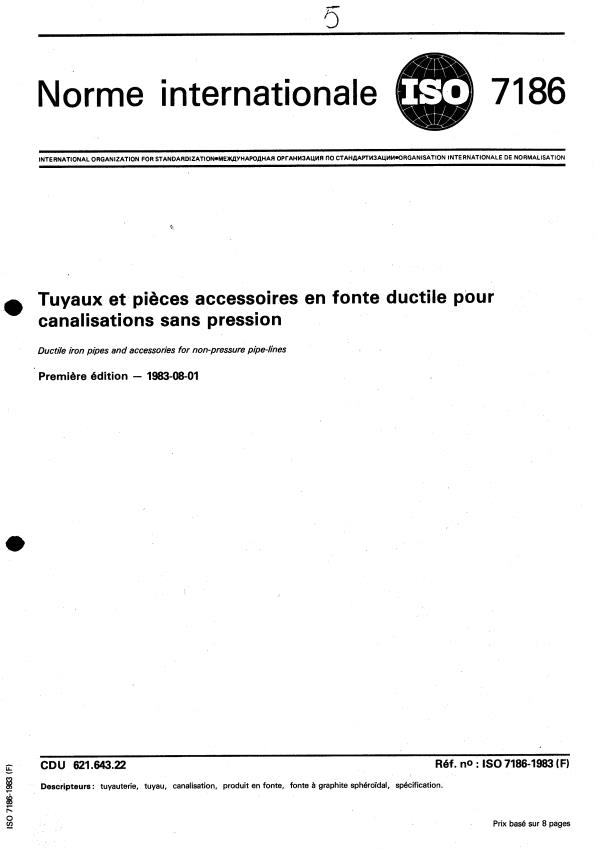 ISO 7186:1983 - Tuyaux et pieces accessoires en fonte ductile pour canalisations sans pression