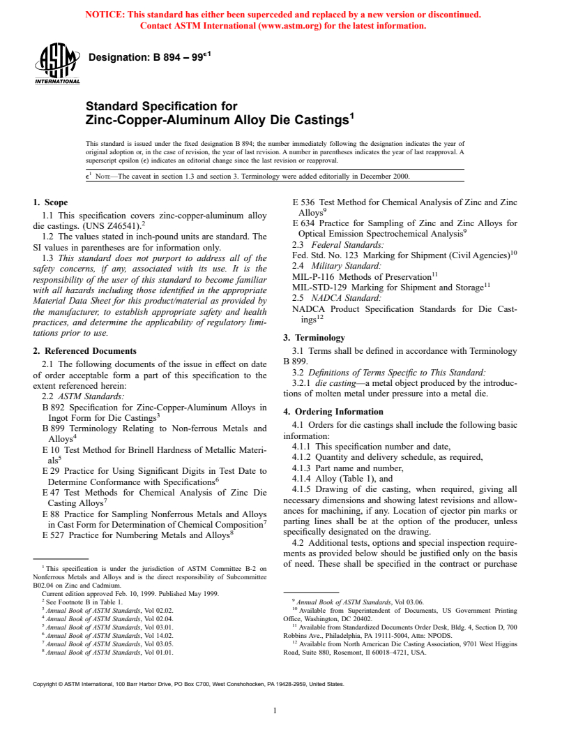 ASTM B894-99e1 - Standard Specification for Zinc-Copper-Aluminum Alloy Die Castings