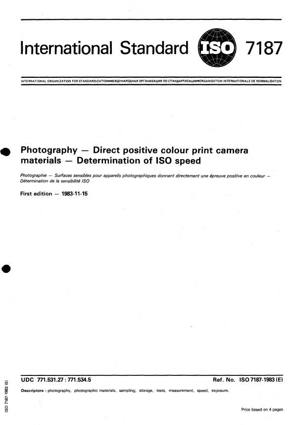 ISO 7187:1983 - Photography -- Direct positive colour print camera materials -- Determination of ISO speed