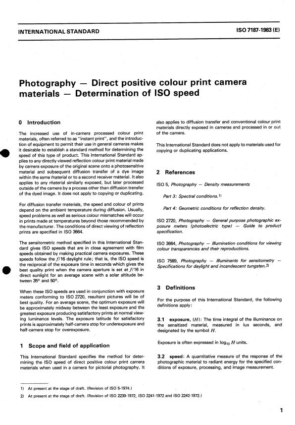 ISO 7187:1983 - Photography -- Direct positive colour print camera materials -- Determination of ISO speed