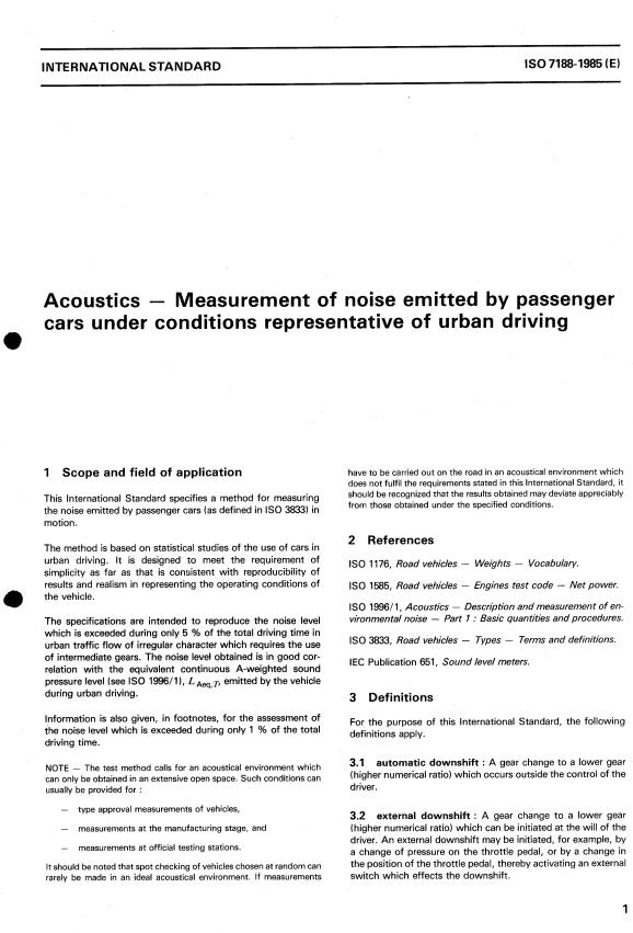 ISO 7188:1985 - Acoustics -- Measurement of noise emitted by passenger cars under conditions representative of urban driving