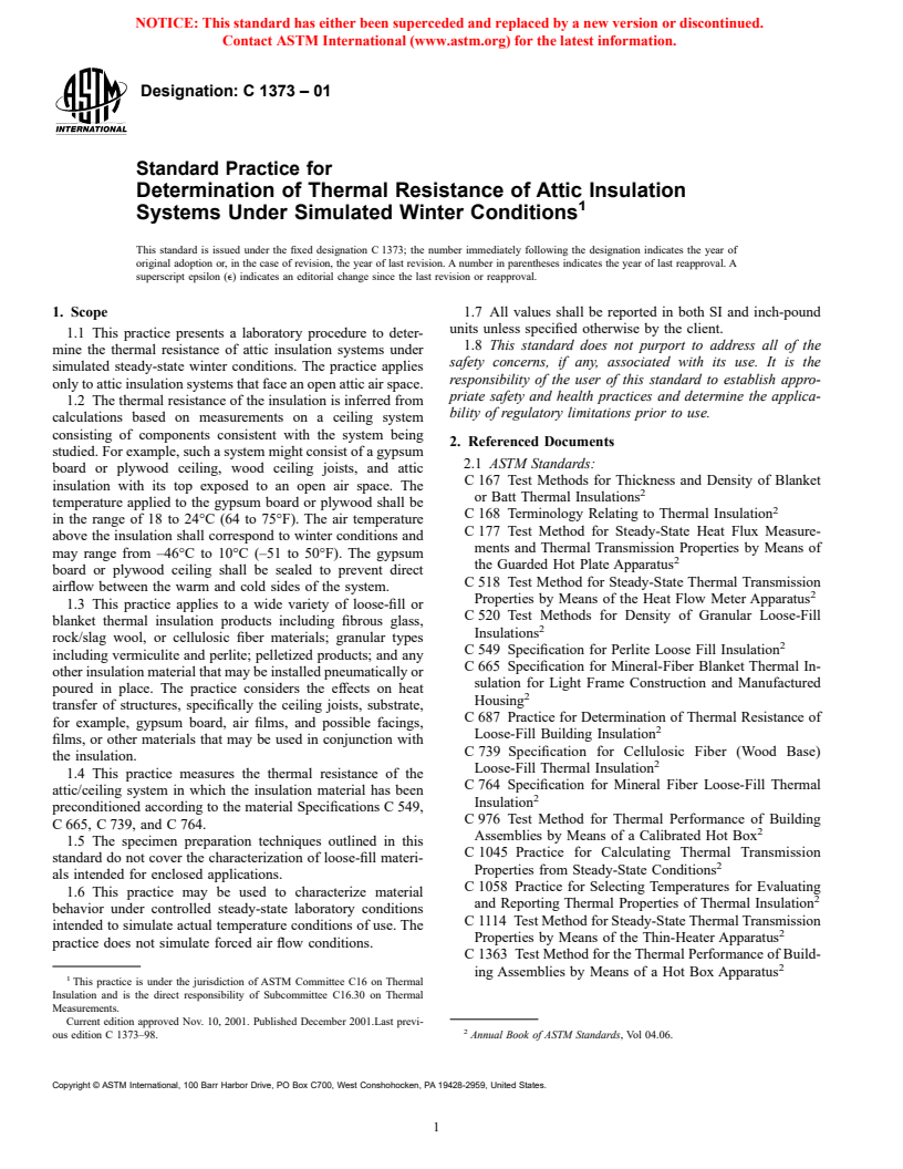 ASTM C1373-01 - Standard Practice for Determination of Thermal Resistance of Attic Insulation Systems Under Simulated Winter Conditions