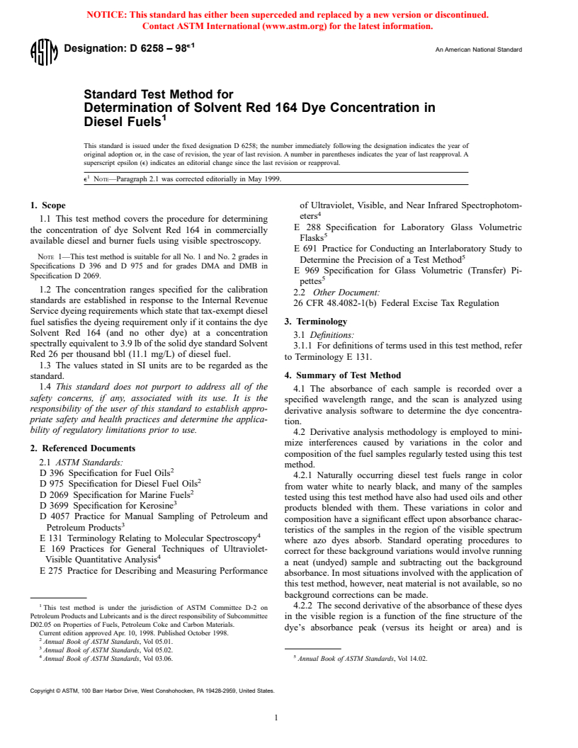 ASTM D6258-98e1 - Standard Test Method for Determination of Solvent Red 164 Dye Concentration in Diesel Fuels