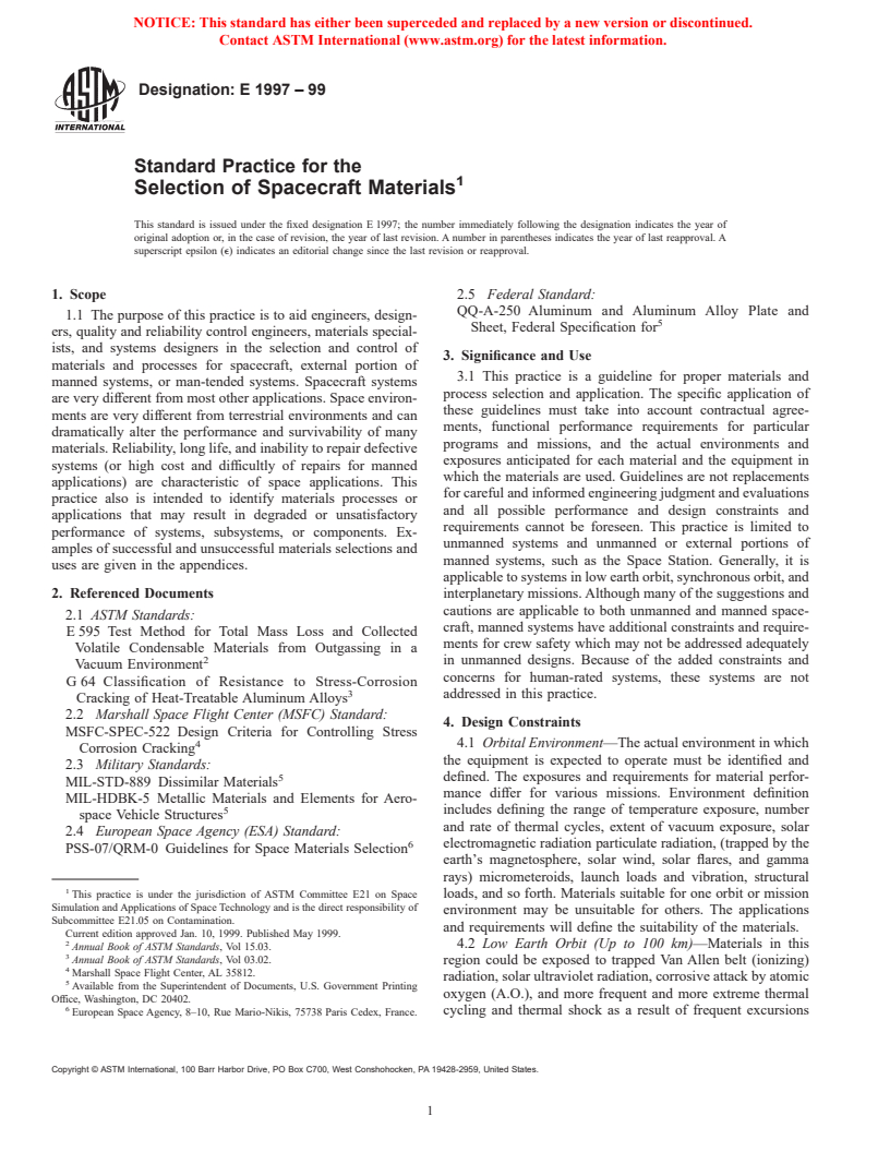 ASTM E1997-99 - Standard Practice for the Selection of Spacecraft Materials