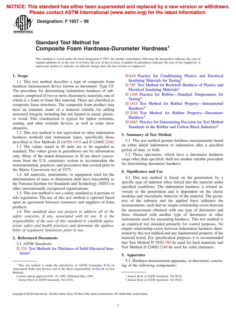 ASTM F1957-99 - Standard Test Method for Composite Foam Hardness-Durometer Hardness