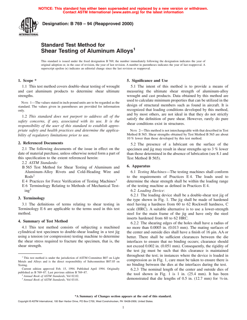 ASTM B769-94(2000) - Standard Test Method for Shear Testing of Aluminum Alloys