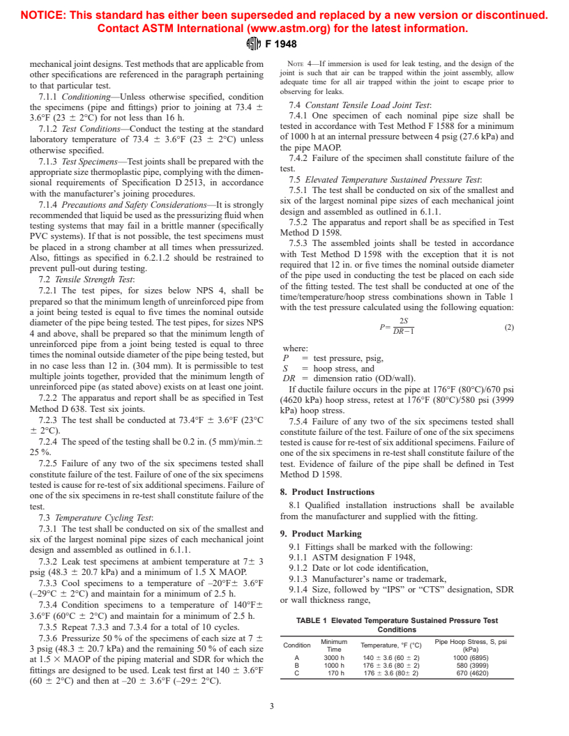 ASTM F1948-99a - Standard Specification for Metallic Mechanical Fittings for Use on Outside Diameter Controlled Thermoplastic Gas Distribution Pipe and Tubing