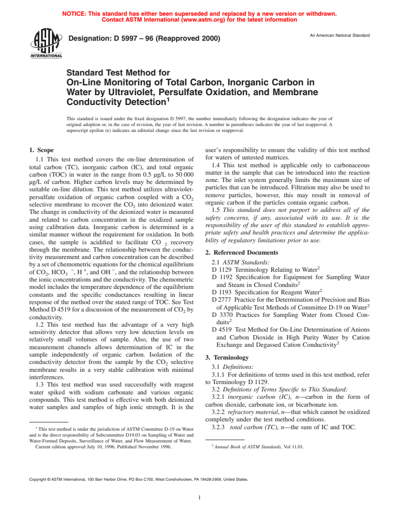 ASTM D5997-96(2000) - Standard Test Method for On-Line Monitoring of Total Carbon, Inorganic Carbon in Water by Ultraviolet, Persulfate Oxidation, and Membrane Conductivity Detection