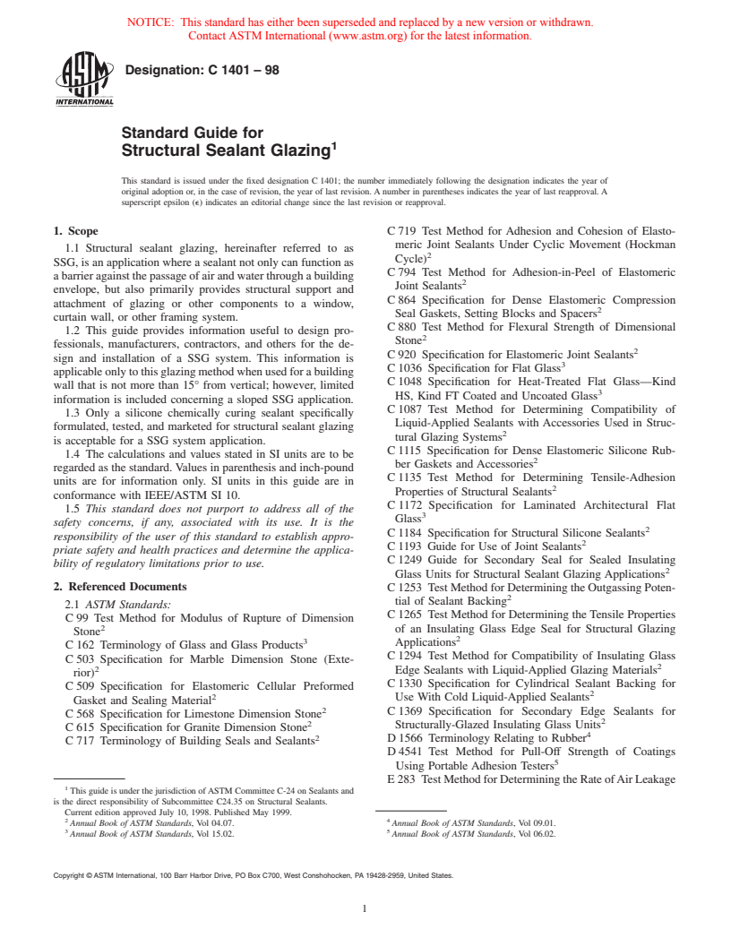 ASTM C1401-98 - Standard Guide for Structural Sealant Glazing