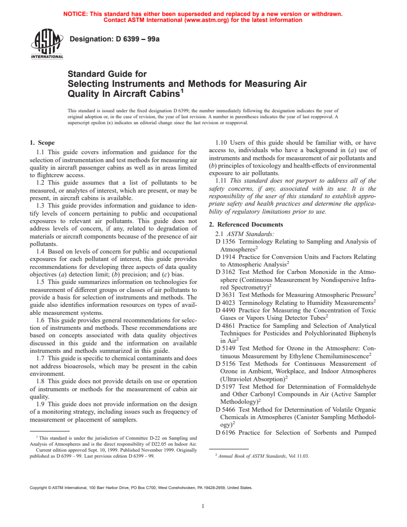 ASTM D6399-99a - Standard Guide for Selecting Instruments and Methods for Measuring Air Quality In Aircraft Cabins