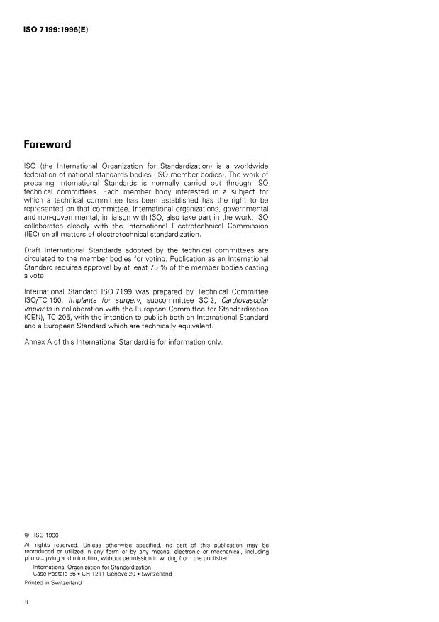 ISO 7199:1996 ISO 7199:1996 - Cardiovascular implants and artificial organs -- Blood-gas exchangers (oxygenators) - Page 2 preview