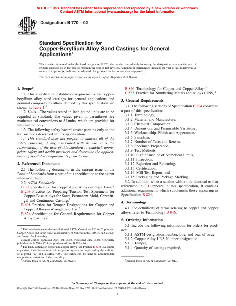 ASTM B770-02 - Standard Specification for Copper-Beryllium Alloy Sand Castings for General Applications