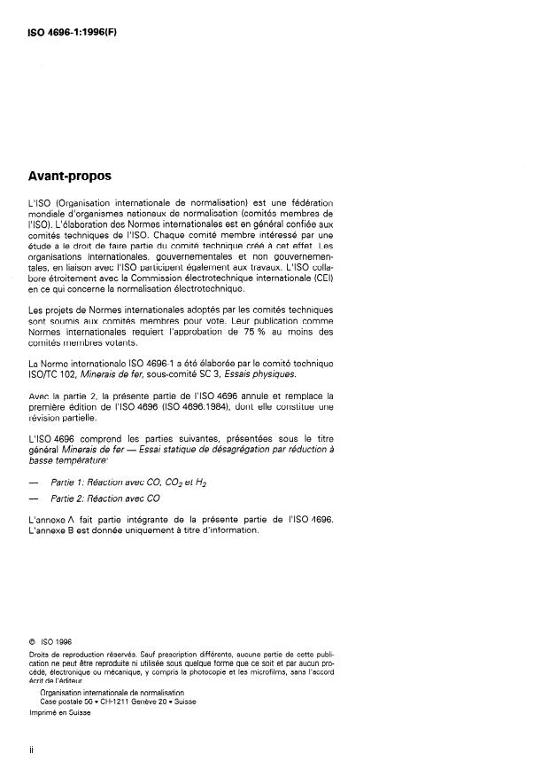 ISO 4696-1:1996 ISO 4696-1:1996 - Minerais de fer -- Essai statique de désagrégation par réduction a basse température - Page 2 preview