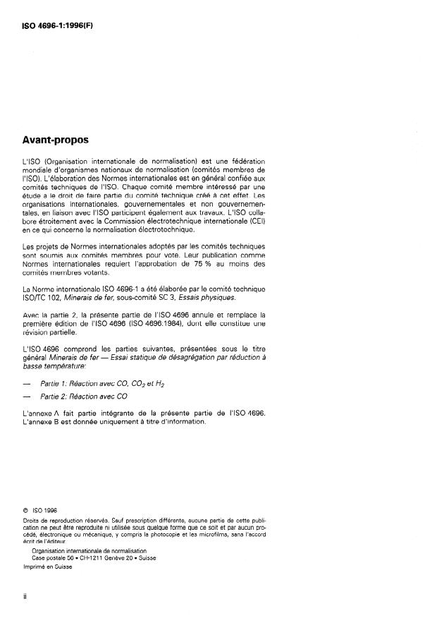 ISO 4696-1:1996 ISO 4696-1:1996 - Minerais de fer -- Essai statique de désagrégation par réduction a basse température - Page 2 preview