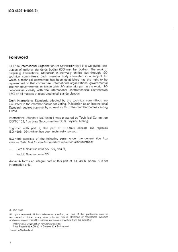 ISO 4696-1:1996 ISO 4696-1:1996 - Iron ores -- Static test for low-temperature reduction-disintegration - Page 2 preview