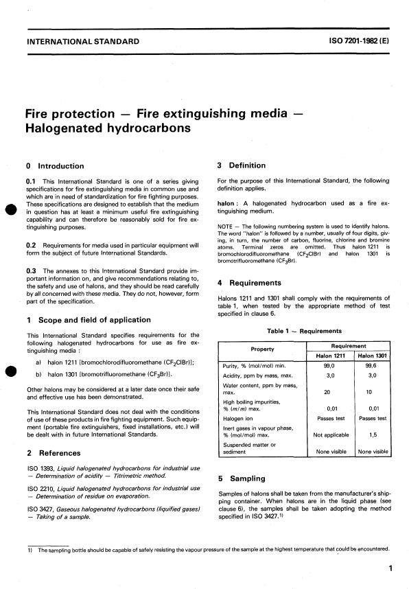 ISO 7201:1982 - Fire protection -- Fire extinguishing media -- Halogenated hydrocarbons