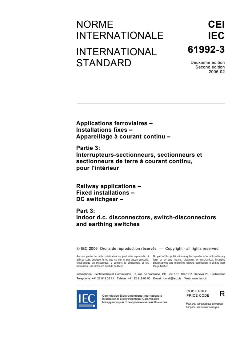 IEC 61992-3:2006 - Railway applications - Fixed installations - DC switchgear - Part 3: Indoor d.c. disconnectors, switch-disconnectors and earthing switches