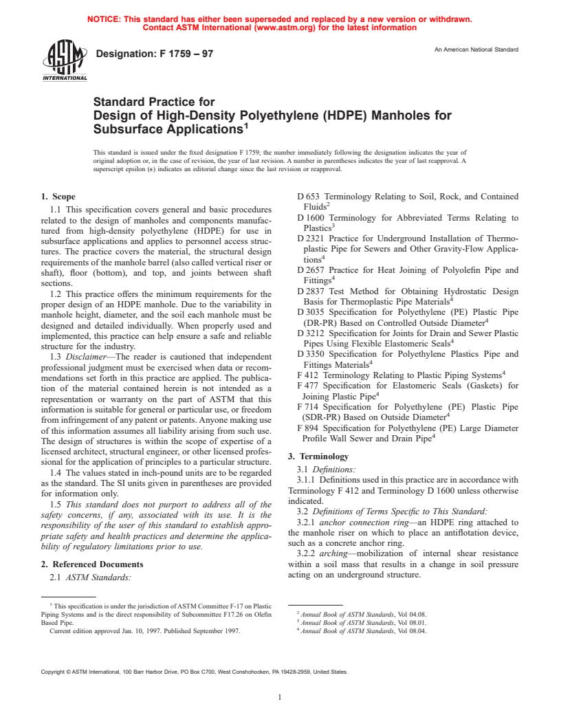 ASTM F1759-97 - Standard Practice for Design of High-Density Polyethylene (HDPE) Manholes for Subsurface Applications