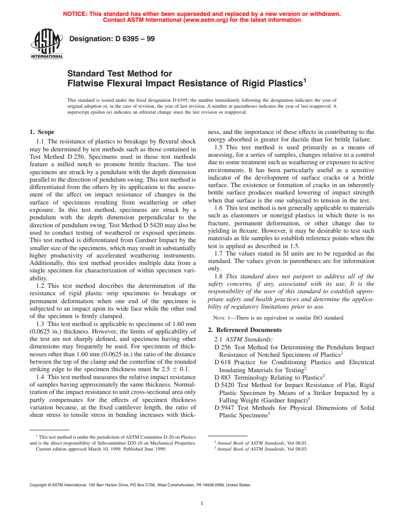 ASTM D6395-99 - Standard Test Method for Flatwise Flexural Impact Resistance of Rigid Plastics