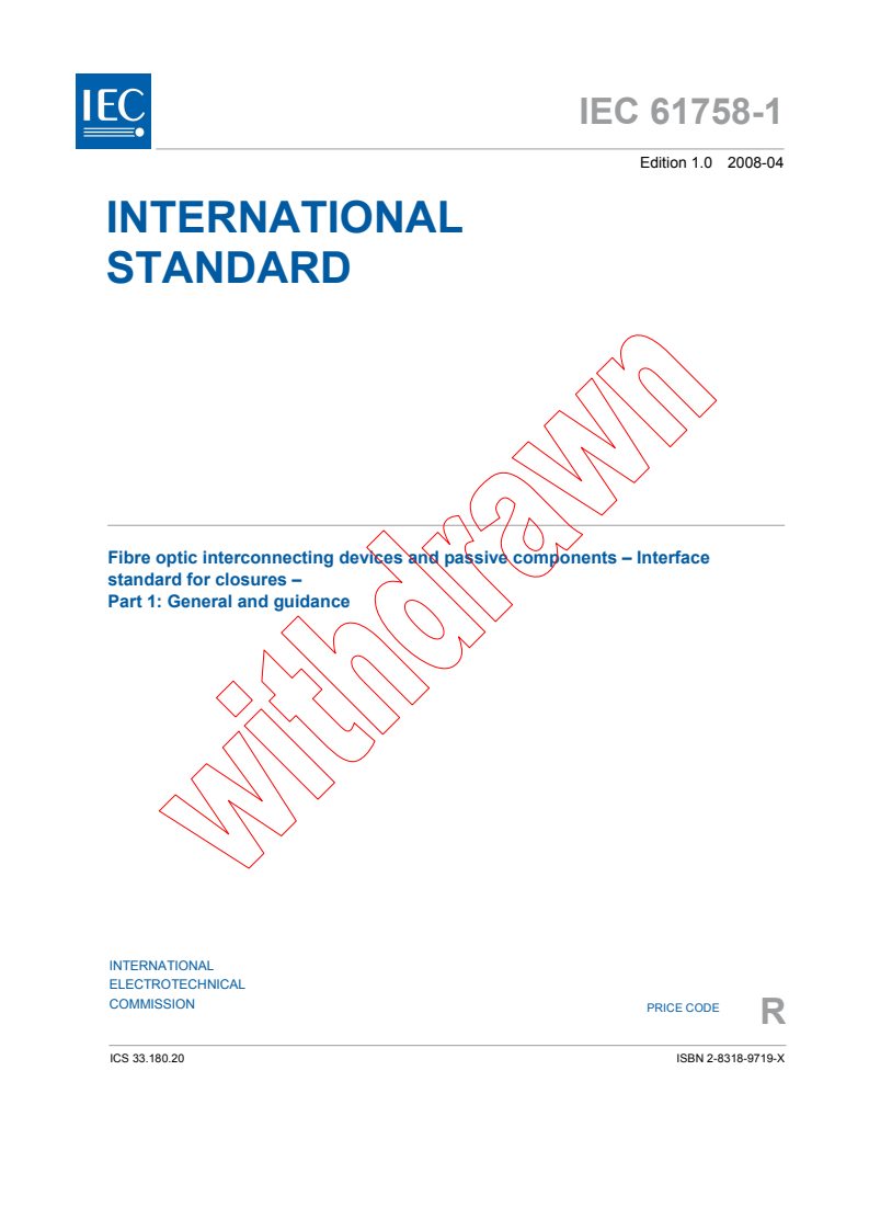 IEC 61758-1:2008 - Fibre optic interconnecting devices and passive components - Interface standard for closures - Part 1: General and guidance
Released:4/25/2008
Isbn:283189719X