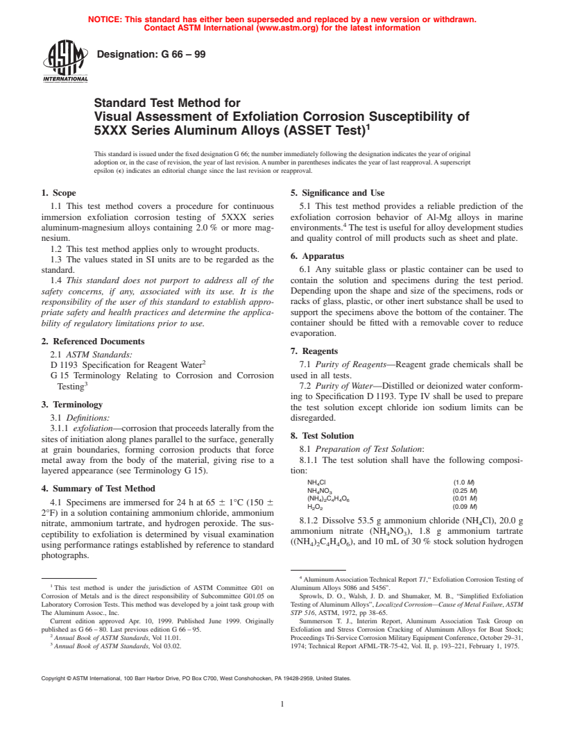 ASTM G66-99 - Standard Test Method for Visual Assessment of Exfoliation Corrosion Susceptibility of 5XXX Series Aluminum Alloys (ASSET Test)