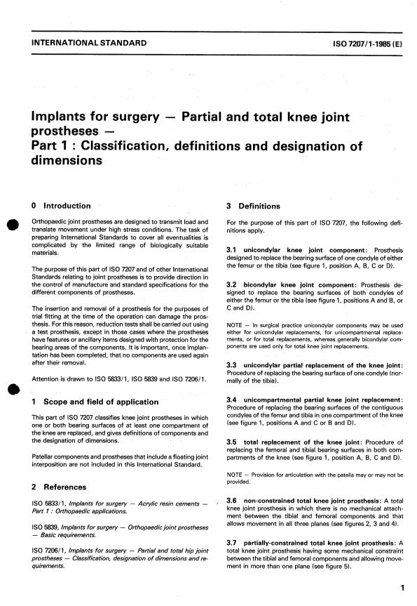 ISO 7207-1:1985 - Implants for surgery -- Partial and total knee joint prostheses