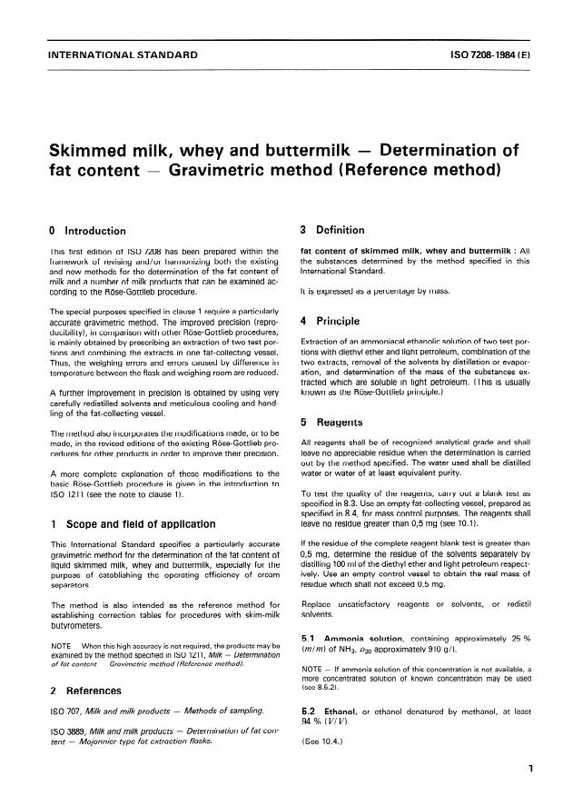 ISO 7208:1984 - Skimmed milk, whey and buttermilk -- Determination of fat content -- Gravimetric method (Reference method)