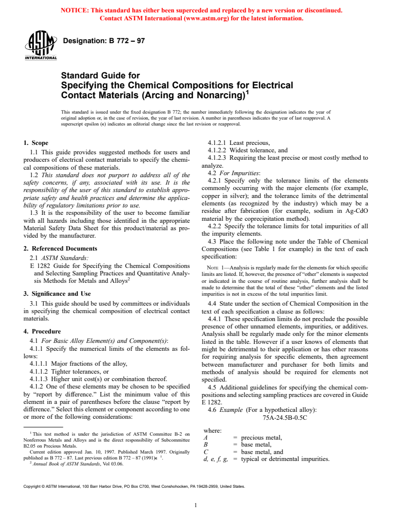 ASTM B772-97 - Standard Guide for Specifying the Chemical Compositions for Electrical Contact Materials (Arcing and Nonarcing)