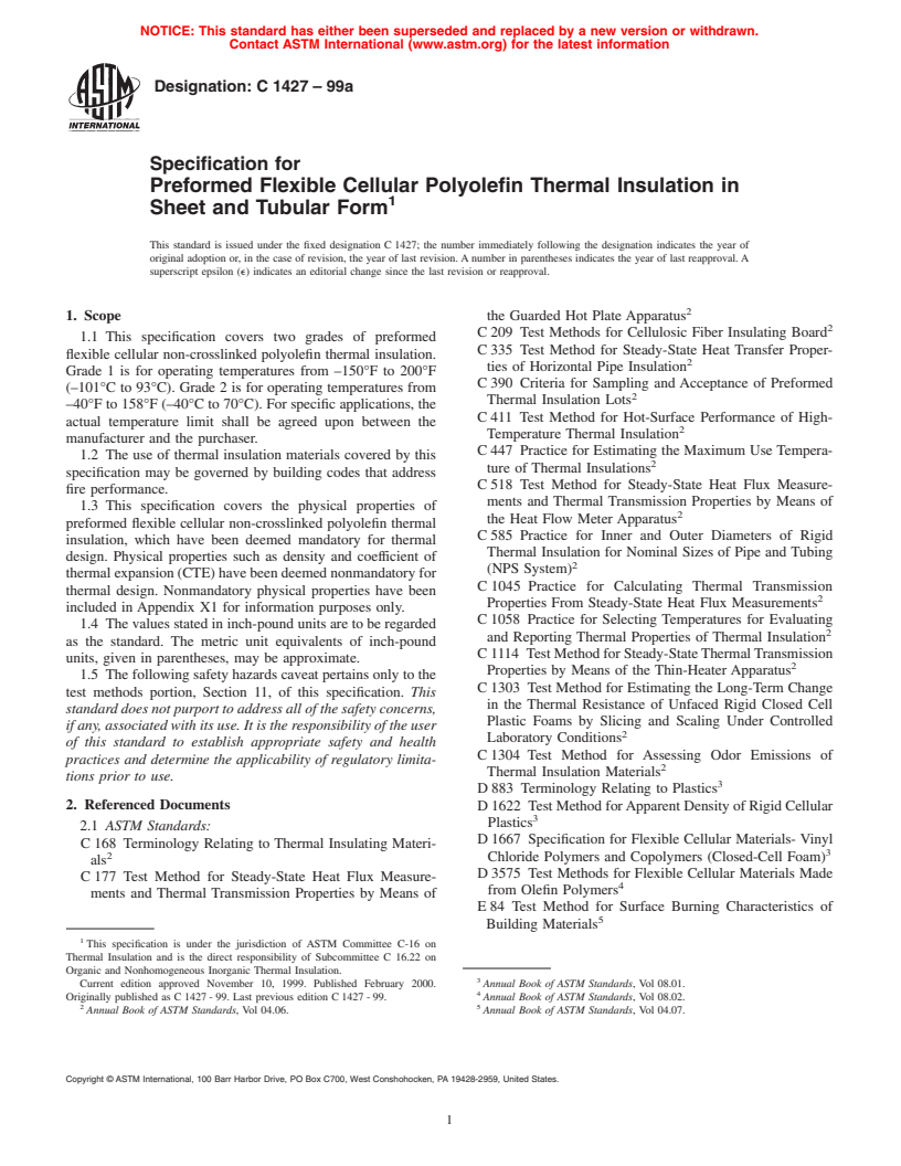 ASTM C1427-99a - Specification for Preformed Flexible Cellular Polyolefin Thermal Insulation in Sheet and Tubular Form