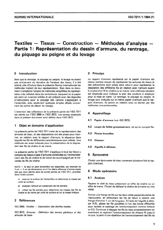 ISO 7211-1:1984 - Textiles -- Tissus -- Construction -- Méthodes d'analyse