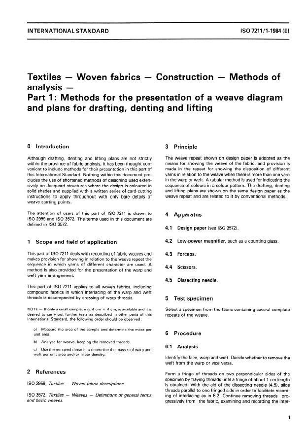 ISO 7211-1:1984 - Textiles -- Woven fabrics -- Construction -- Methods of analysis
