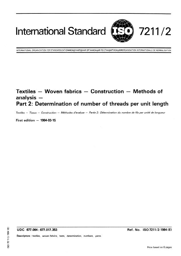 ISO 7211-2:1984 - Textiles -- Woven fabrics -- Construction -- Methods of analysis