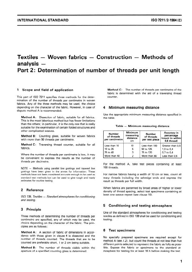 ISO 7211-2:1984 - Textiles -- Woven fabrics -- Construction -- Methods of analysis