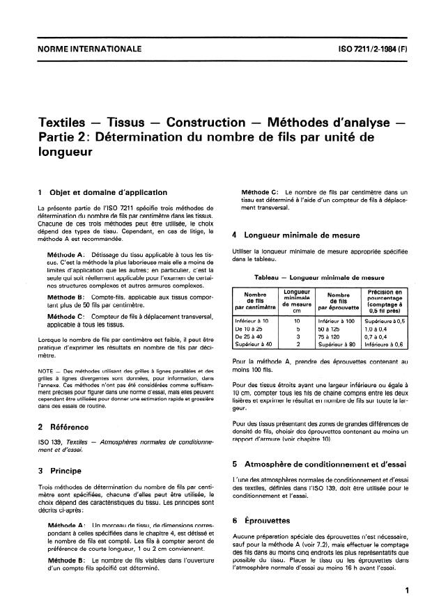 ISO 7211-2:1984 - Textiles -- Tissus -- Construction -- Méthodes d'analyse