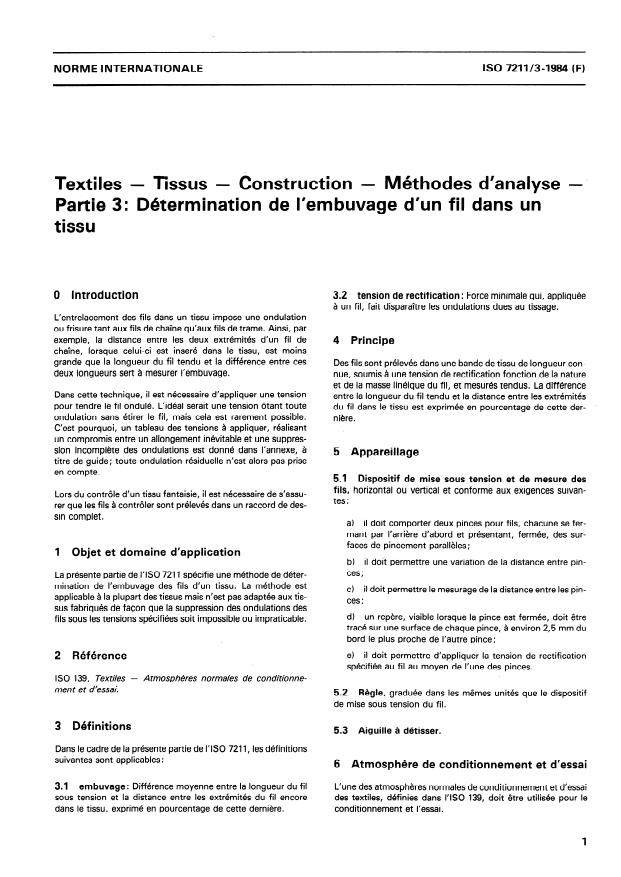 ISO 7211-3:1984 - Textiles -- Tissus -- Construction -- Méthodes d'analyse