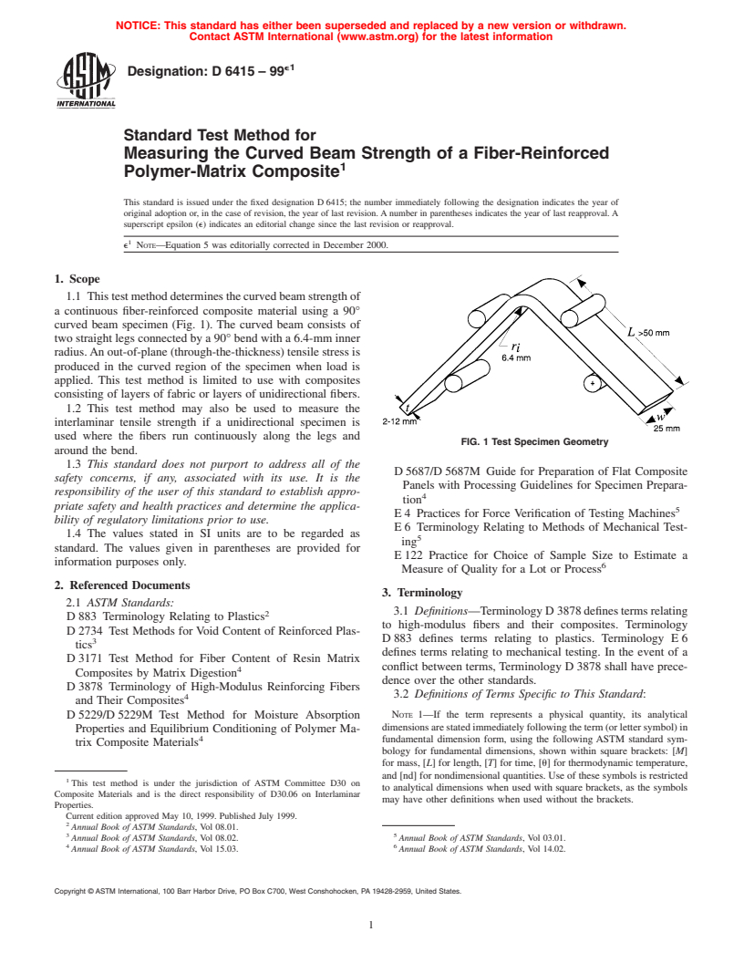 ASTM D6415-99e1 - Standard Test Method for Measuring the Curved Beam Stength of a Fiber-Reinforced Polymer-Matrix Composite