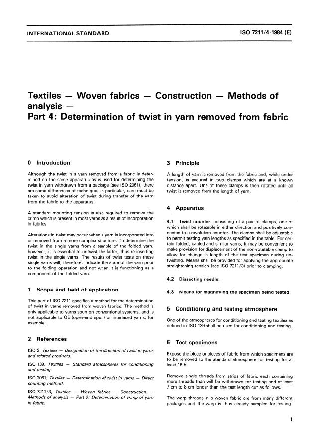 ISO 7211-4:1984 - Textiles -- Woven fabrics -- Construction -- Methods of analysis