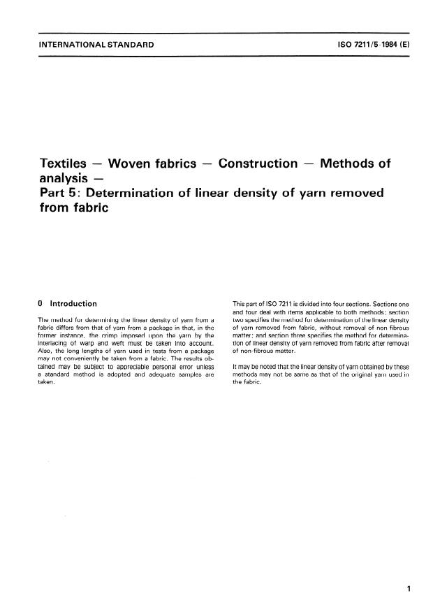 ISO 7211-5:1984 - Textiles -- Woven fabrics - Construction - Methods of analysis