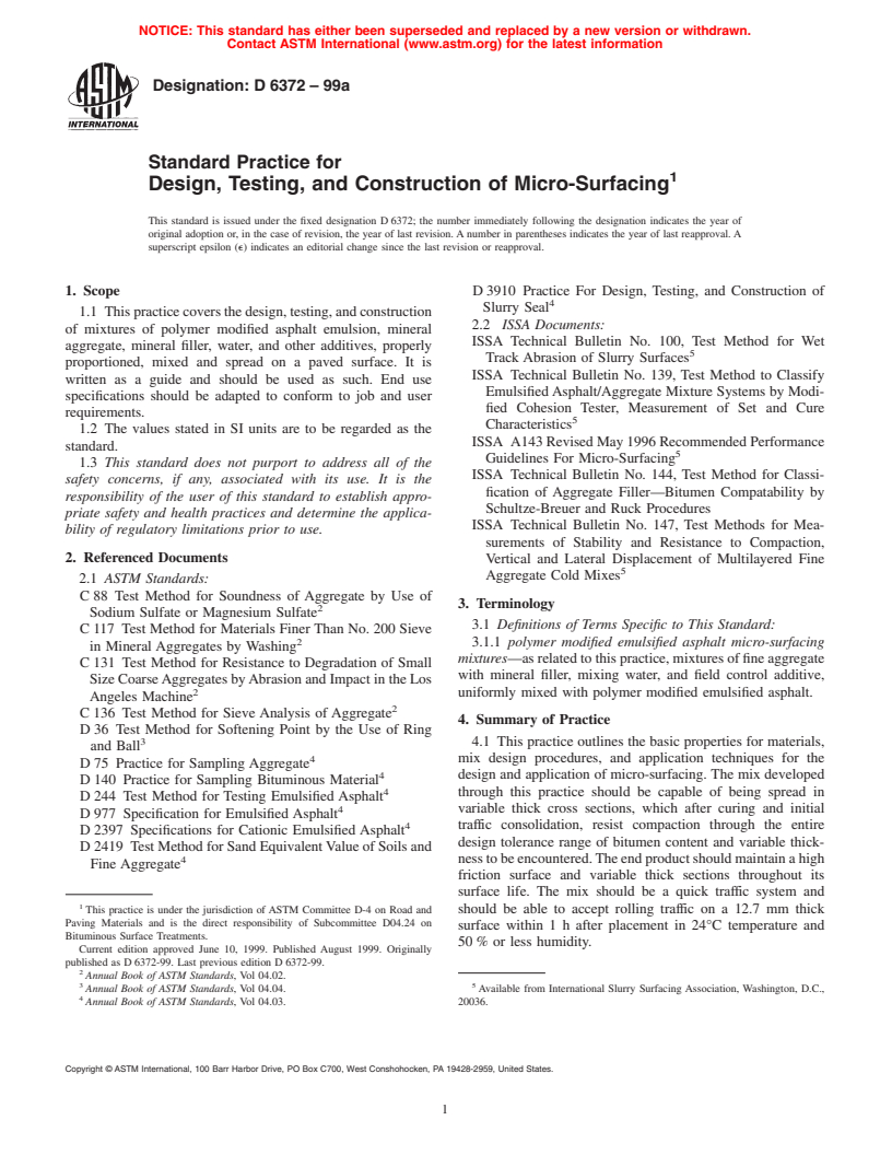 ASTM D6372-99a - Standard Practice for Design, Testing, and Construction of Micro-Surfacing