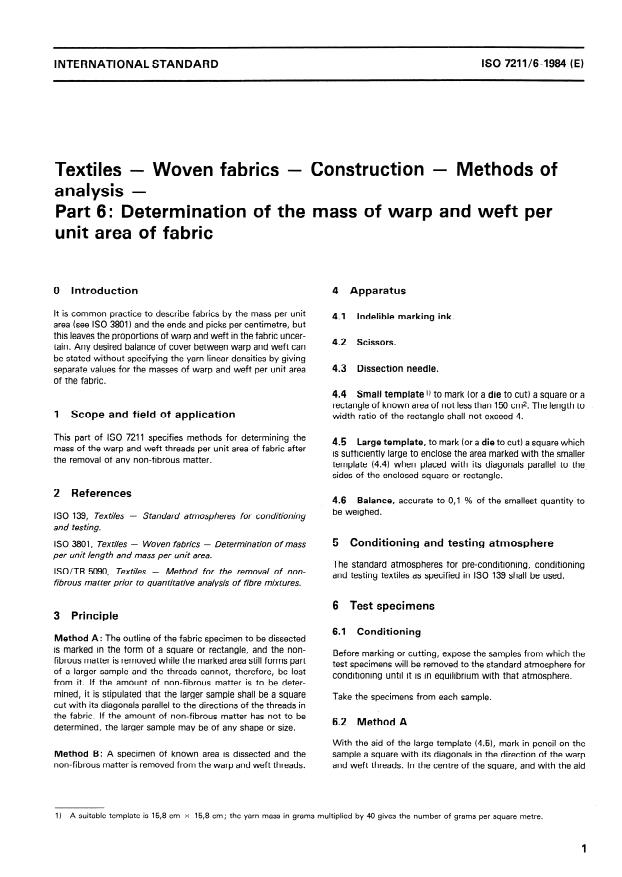ISO 7211-6:1984 - Textiles -- Woven fabrics -- Construction -- Methods of analysis