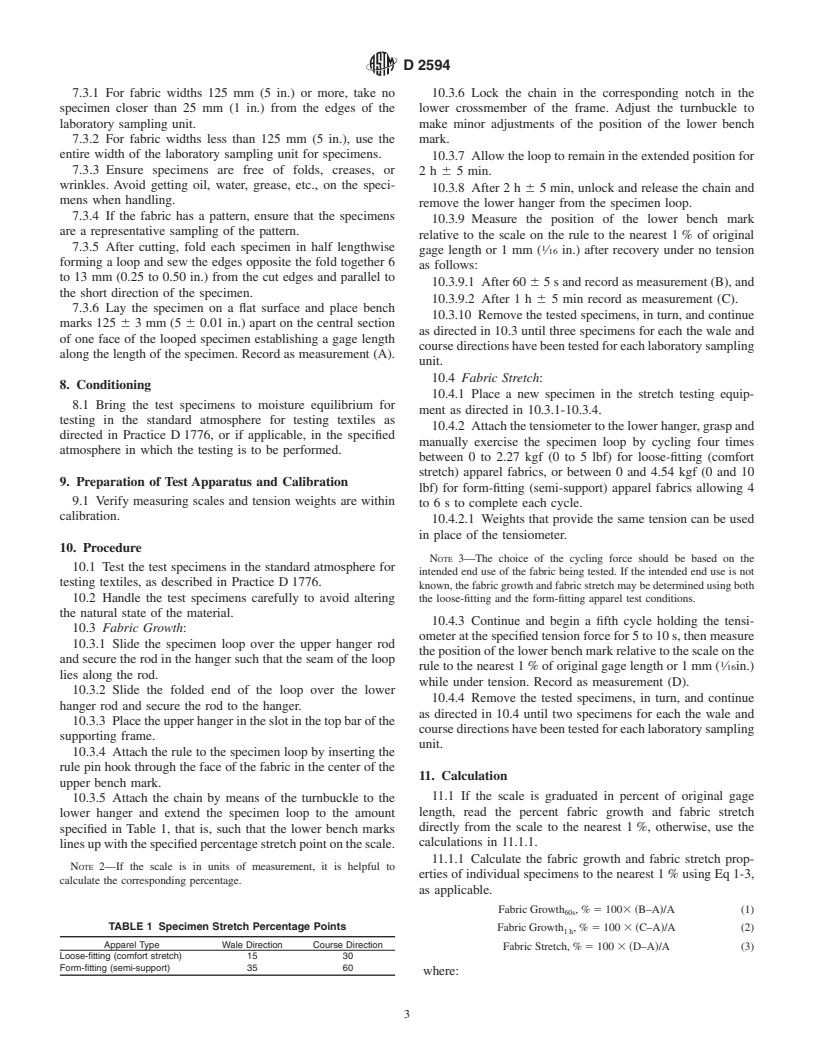 ASTM D2594-99a - Standard Test Method for Stretch Properties of Knitted Fabrics Having Low Power