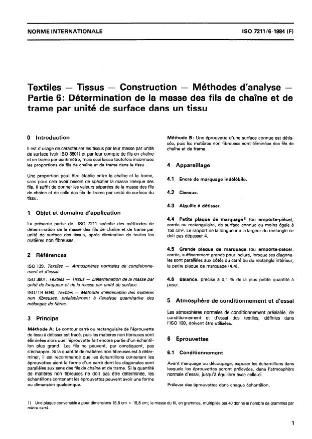ISO 7211-6:1984 - Textiles -- Tissus -- Construction -- Méthodes d'analyse