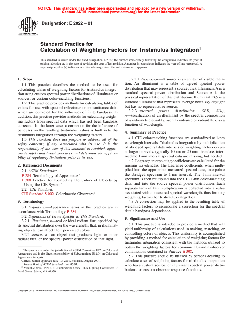 ASTM E2022-01 - Standard Practice for Calculation of Weighting Factors for Tristimulus Integration