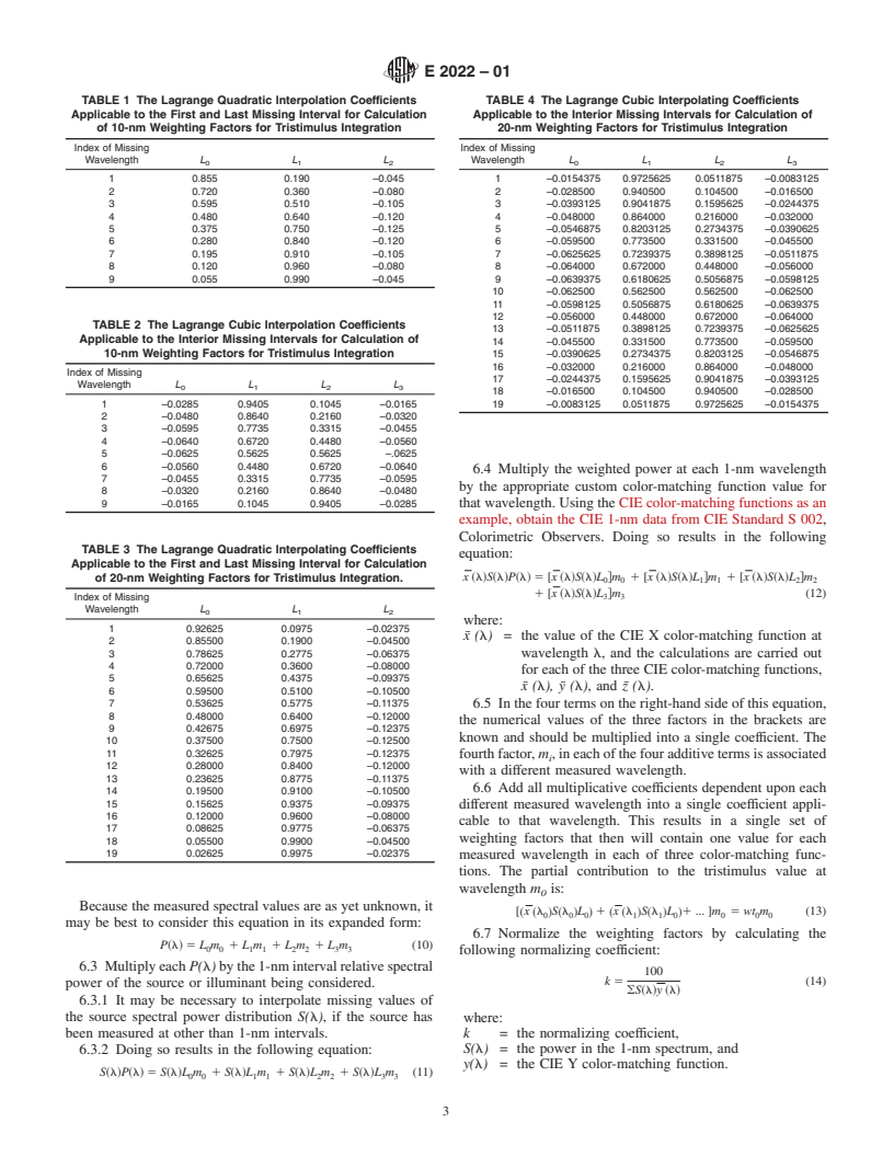 ASTM E2022-01 - Standard Practice for Calculation of Weighting Factors for Tristimulus Integration