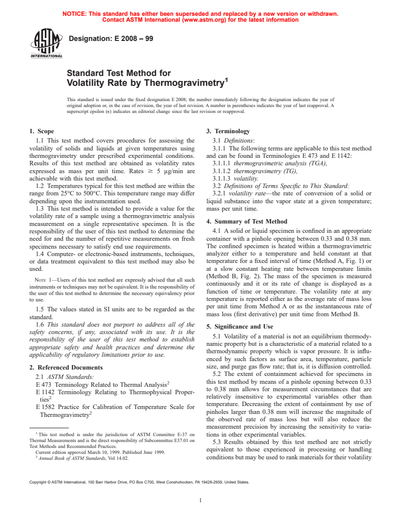 ASTM E2008-99 - Standard Test Method for Volatility Rate by Thermogravimetry