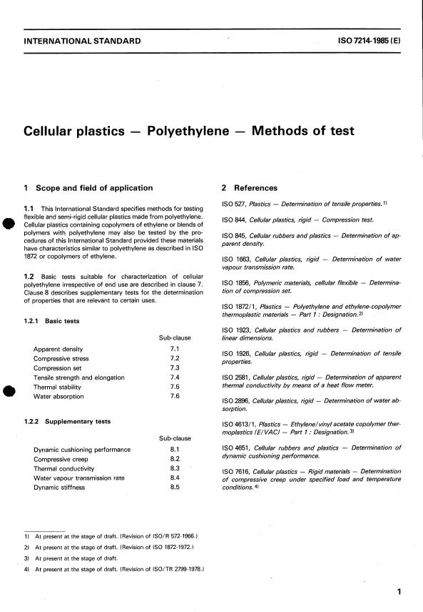 ISO 7214:1985 - Cellular plastics -- Polyethylene -- Methods of test