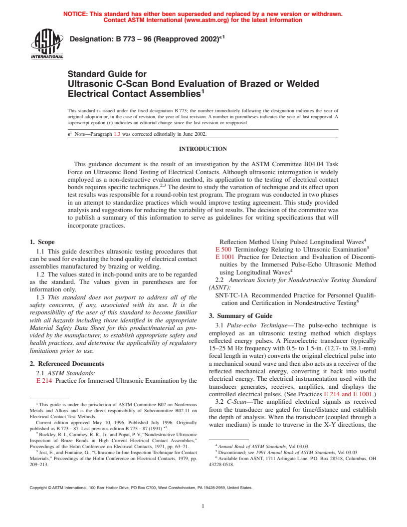 ASTM B773-96(2002)e1 - Standard Guide for Ultrasonic C-Scan Bond Evaluation of Brazed or Welded Electrical Contact Assemblies