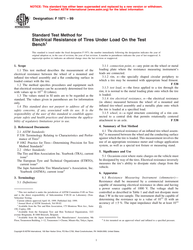 ASTM F1971-99 - Standard Test Method for Electrical Resistance of Tires Under Load On the Test Bench